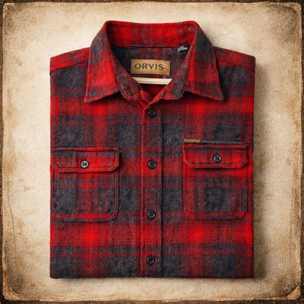 Orvis Vintage Red and Black Plaid Button-Down Thick Flannel Shirt Jacket Size M